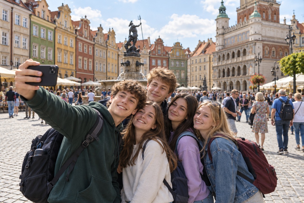 Grupa nastolatków robi sobie zdjęcie na rynku starego miasta.