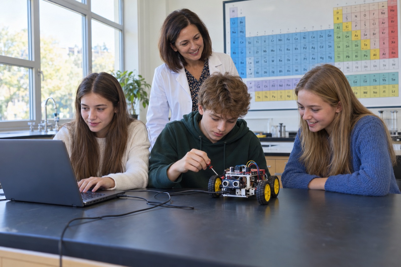 Uczniowie budują i programują małego robota w pracowni.