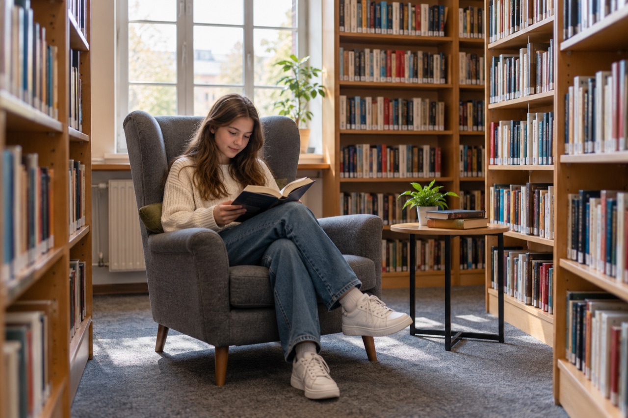 Uczennica czyta książkę w przytulnym kącie biblioteki.
