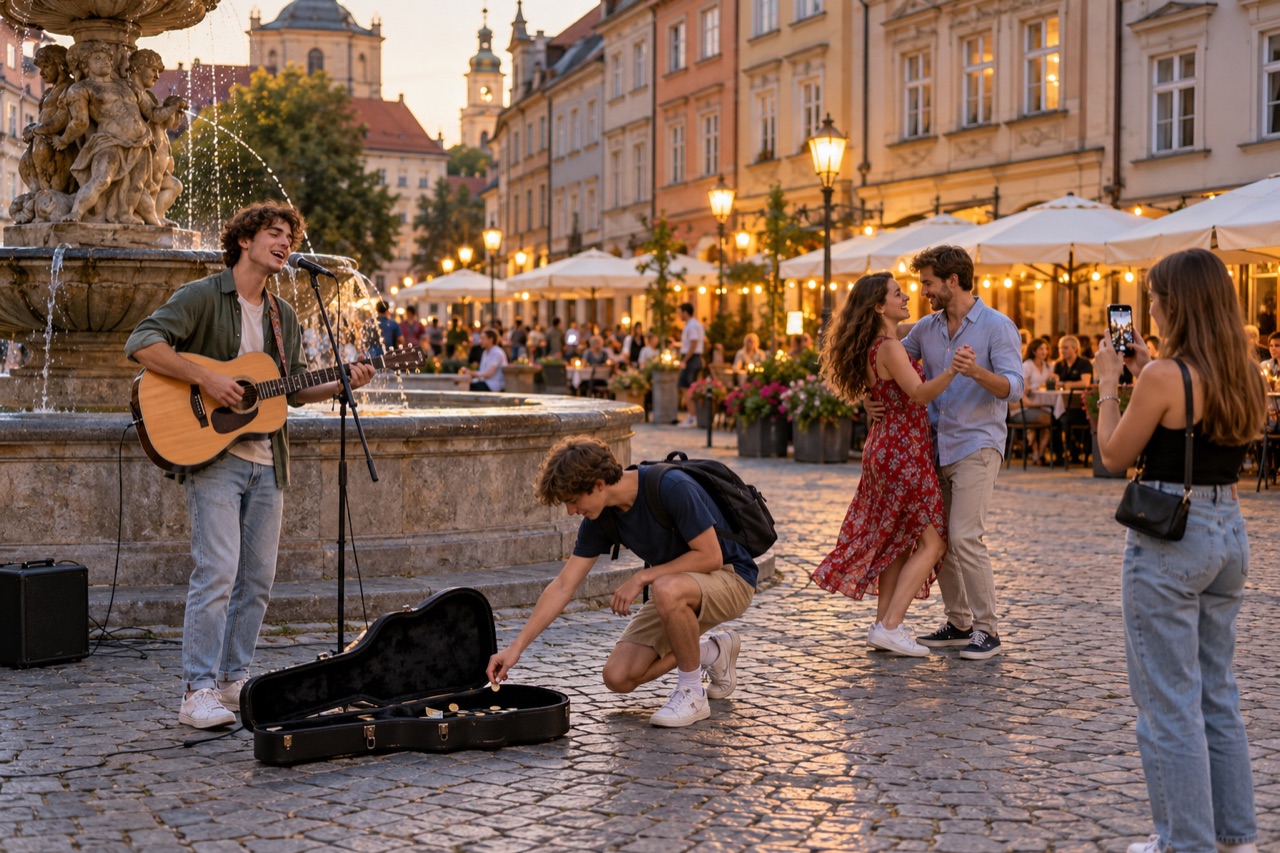 Uliczny muzyk gra na gitarze na rynku dla słuchaczy.