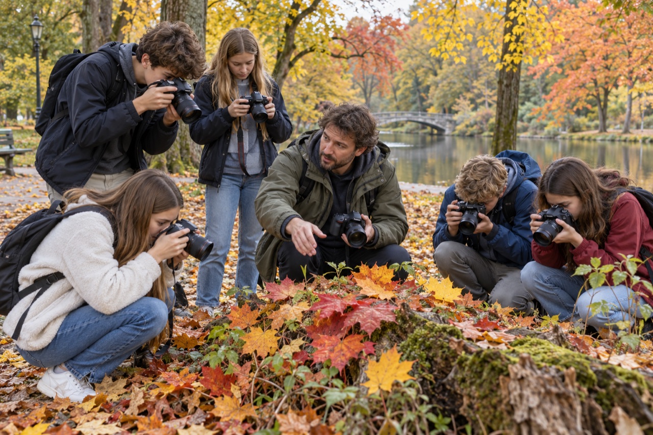 Uczestnicy warsztatów fotograficznych robią zdjęcia w parku.